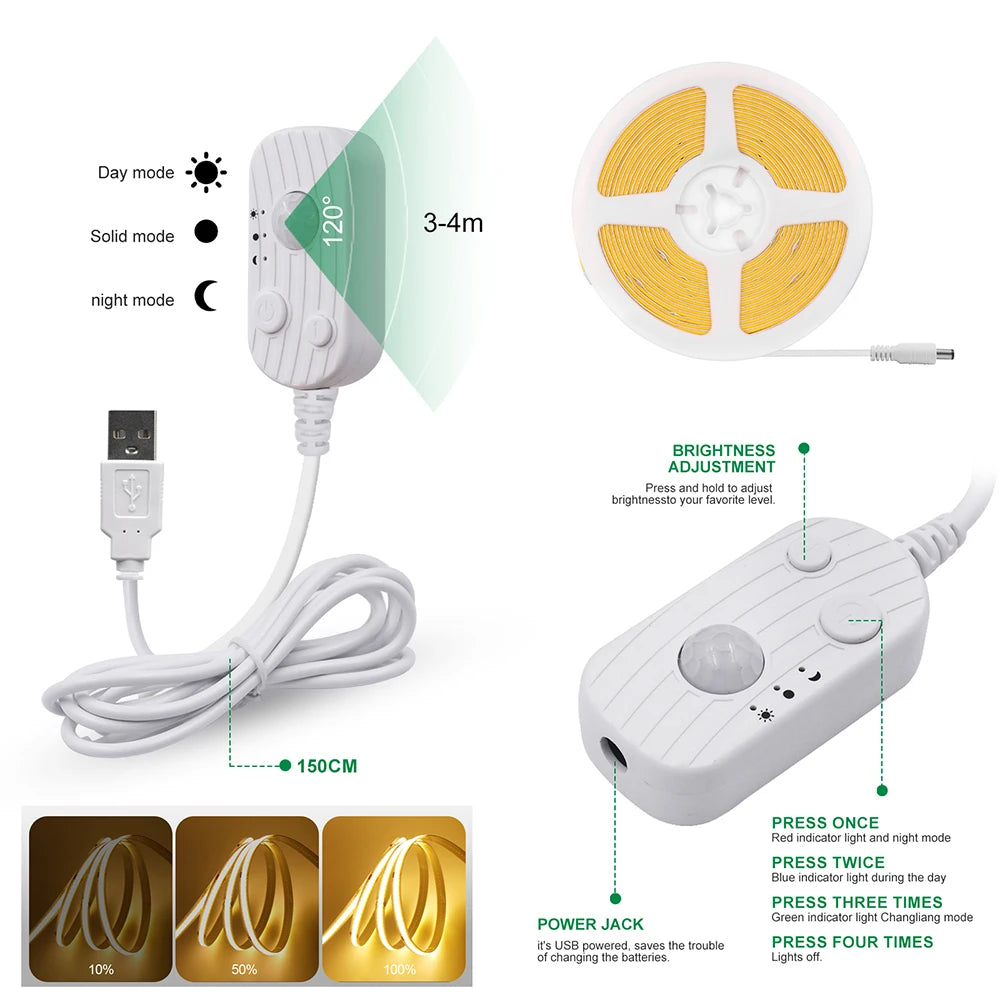 5V Motion Sensor Nigth Light COB Led Strip USB Battery Power 3mm 5mm 8mm PCB 320 LEDs Flex Lamp for Under Cabinet Kitchen Stairs