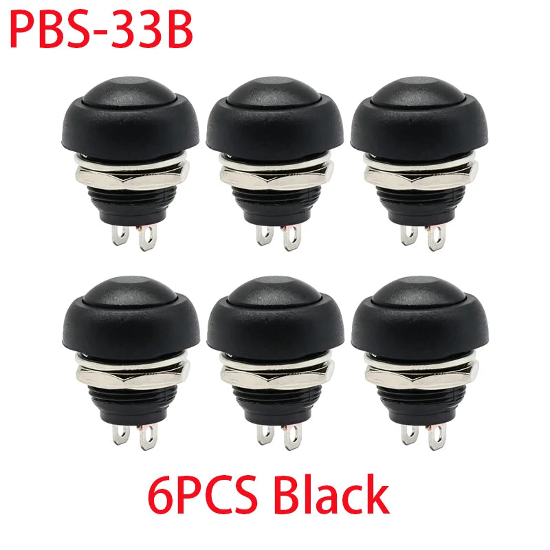 6PCS PBS-33B 12mm 2Pin Waterproof Momentary Push Button Switch 12V 1A Mini Reset Non-Locking Red Green Yellow Blue White Black