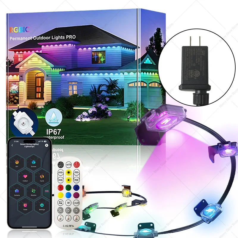 180 LEDs Permanent Outdoor Eaves String Lights, Smart App-Controlled RGB IC Colors, IP67 Waterproof, Suitable for Christmas, Gardens, Courtyards, Parties, and Christmas Decorations—Eaves String Lights