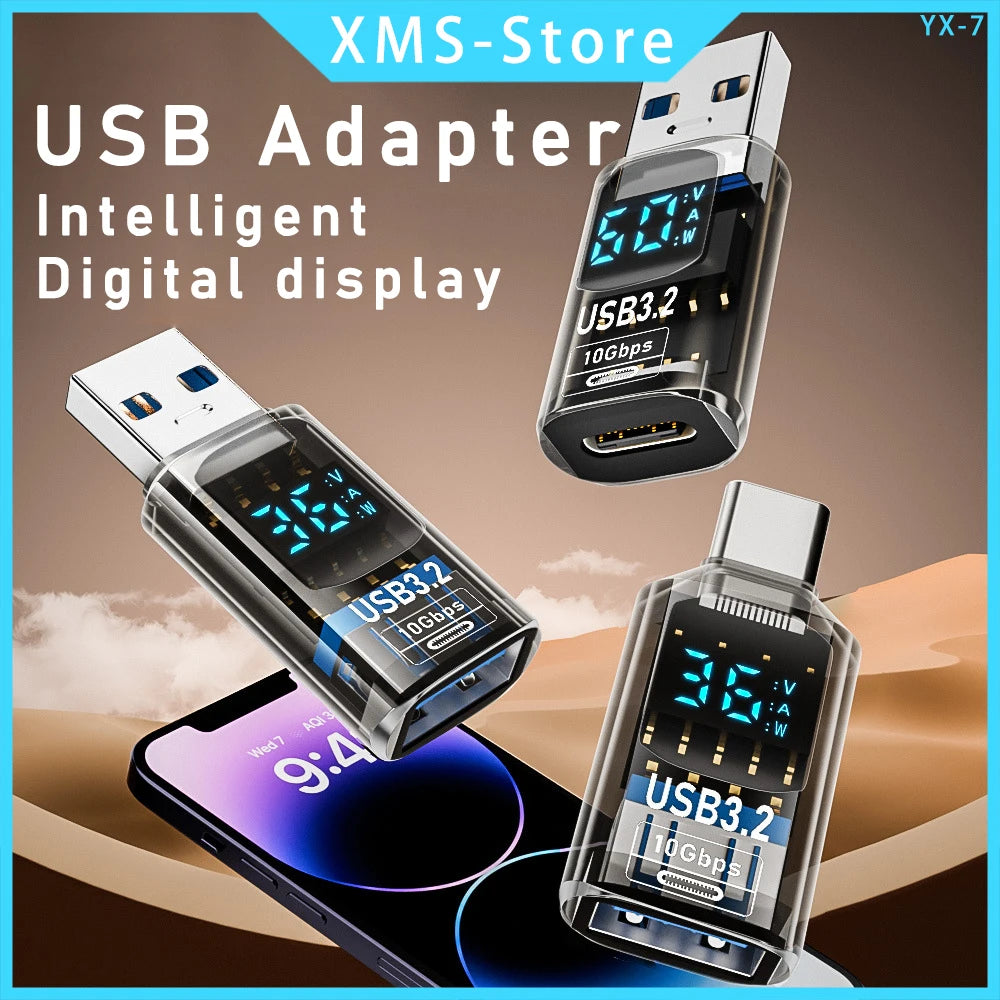 Digital LED Display USB 3.2 Adapter 36-60W 10Gbps Laptop Type-C Converter Data Transmission Smart Chip Power Meter Tester