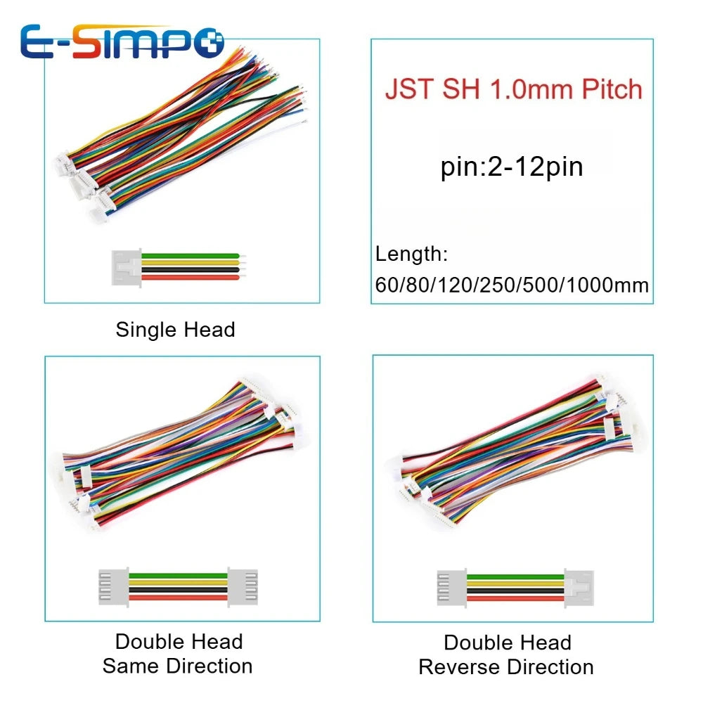 10PC SH 1.0mm Single/Double Plug Connector with Wire 60/80/120-1000mm Cable 2 3 4 5-12 Pin Jumper Line SH1.0 SHR