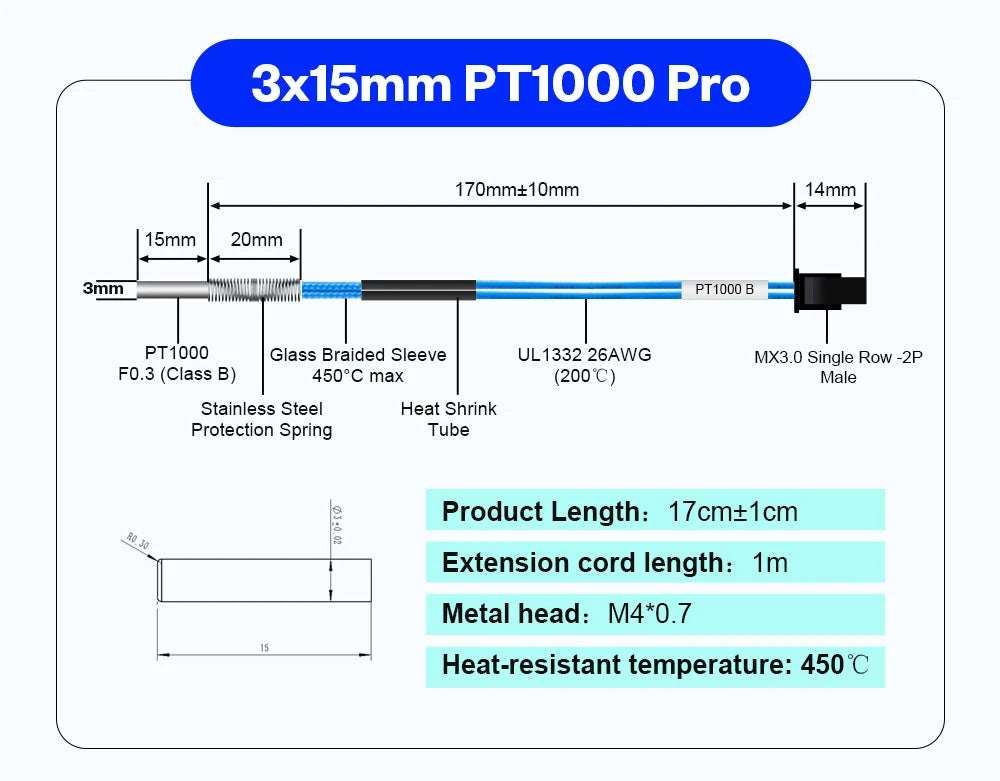 BLV® PT1000 Thermistor M3 M4 Bear 3x15mm PT1000 Pro High Temperature Resistance 450℃ For Rapido Hotend Dragon Hotend
