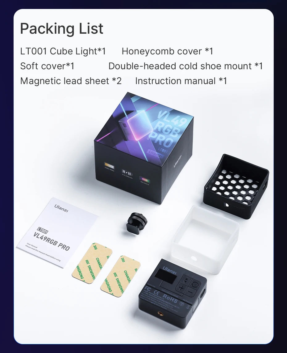 Ulanzi VL49 RGB PRO Full Color LED Video Light 2500K-9000K Camera Light for Photopraphy with Honeycomb Diffuser