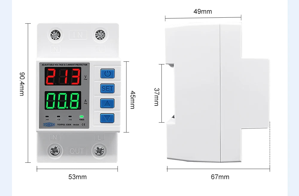 TOMZN TOVPD1-63DK Isolate L N 110V 230V AC Din Rail OVP OCP UVP Voltage Protector 63A Relay Automatic Adjustable Delay-ON
