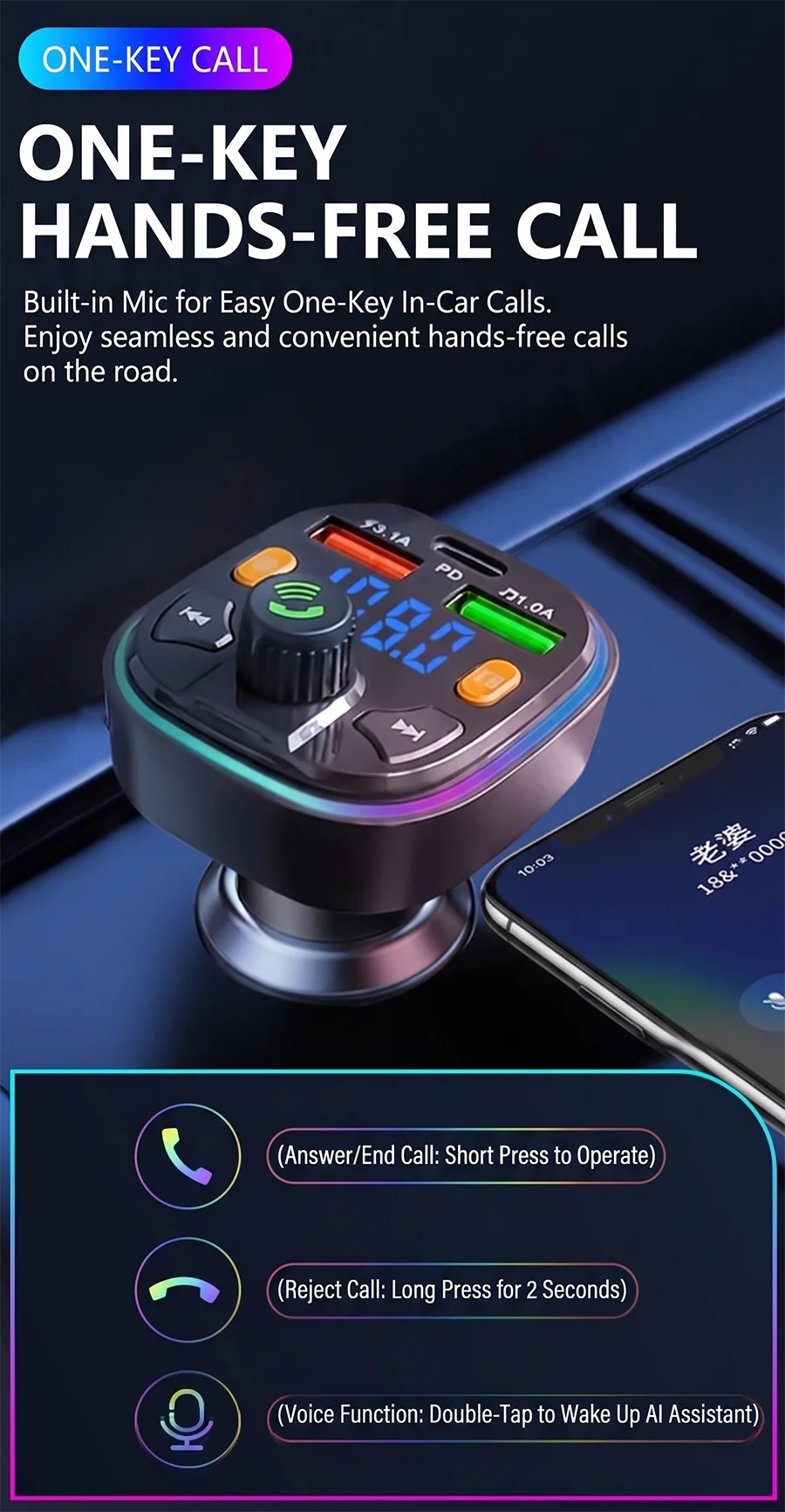 Wireless Car Bluetooth 5.0 FM Transmitter Radio Adapter RGB Light PD Fast Charger 3 Ports Hands-Free Call Bass Boost MP3