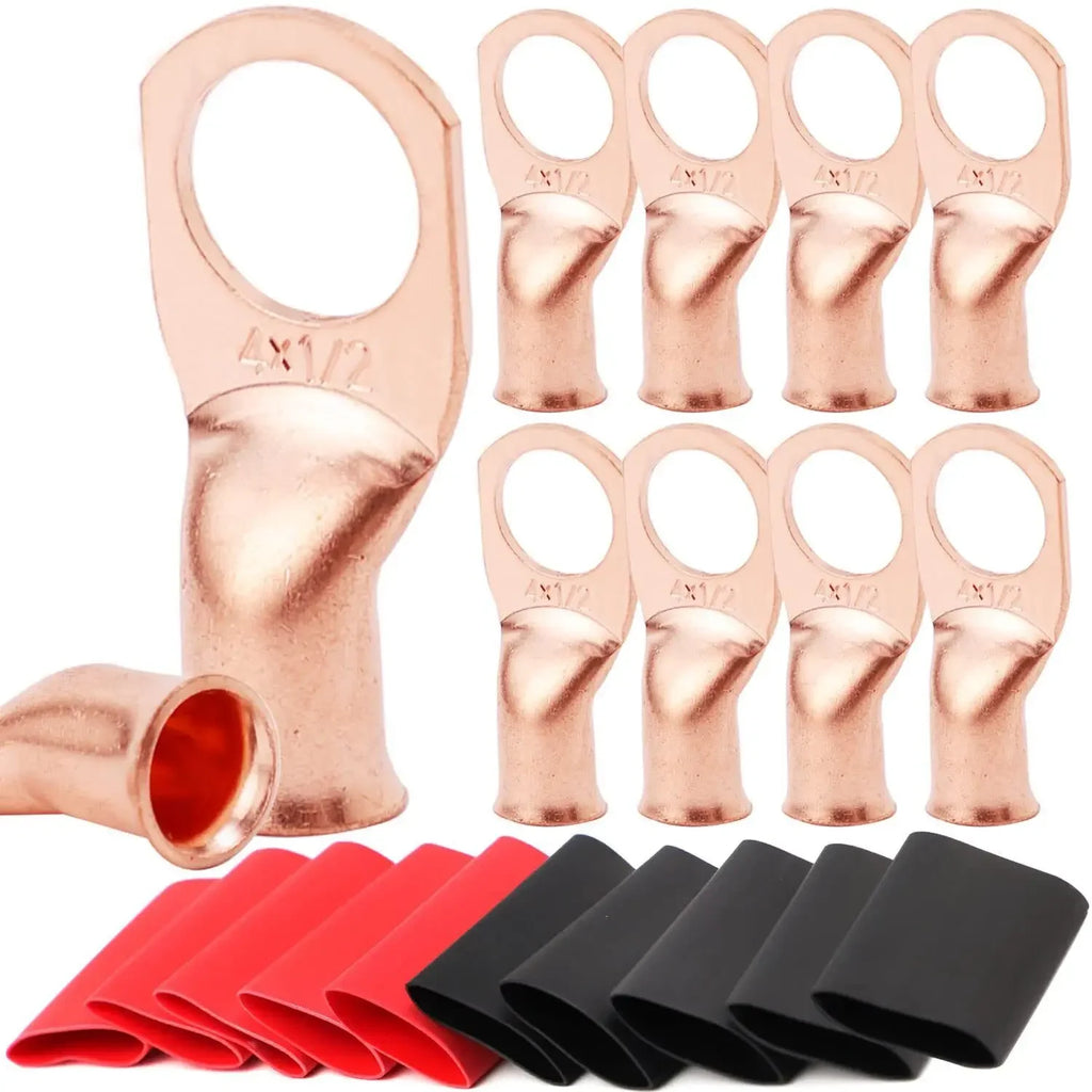 10pcs Copper Terminal Connectors, AWG 2 4 6 8 1/0 2/0 Ring Lug With Shrink Tubing 10Battery Cable Lugs, With 10 Shrink Tubing