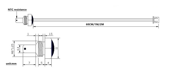 TZW NTC Thermistor Temperature Sensor M8 Hexagonal Thread Probe B3950 1% 5K 10K 15K 20K 50K 100K 60CM 1M 2M