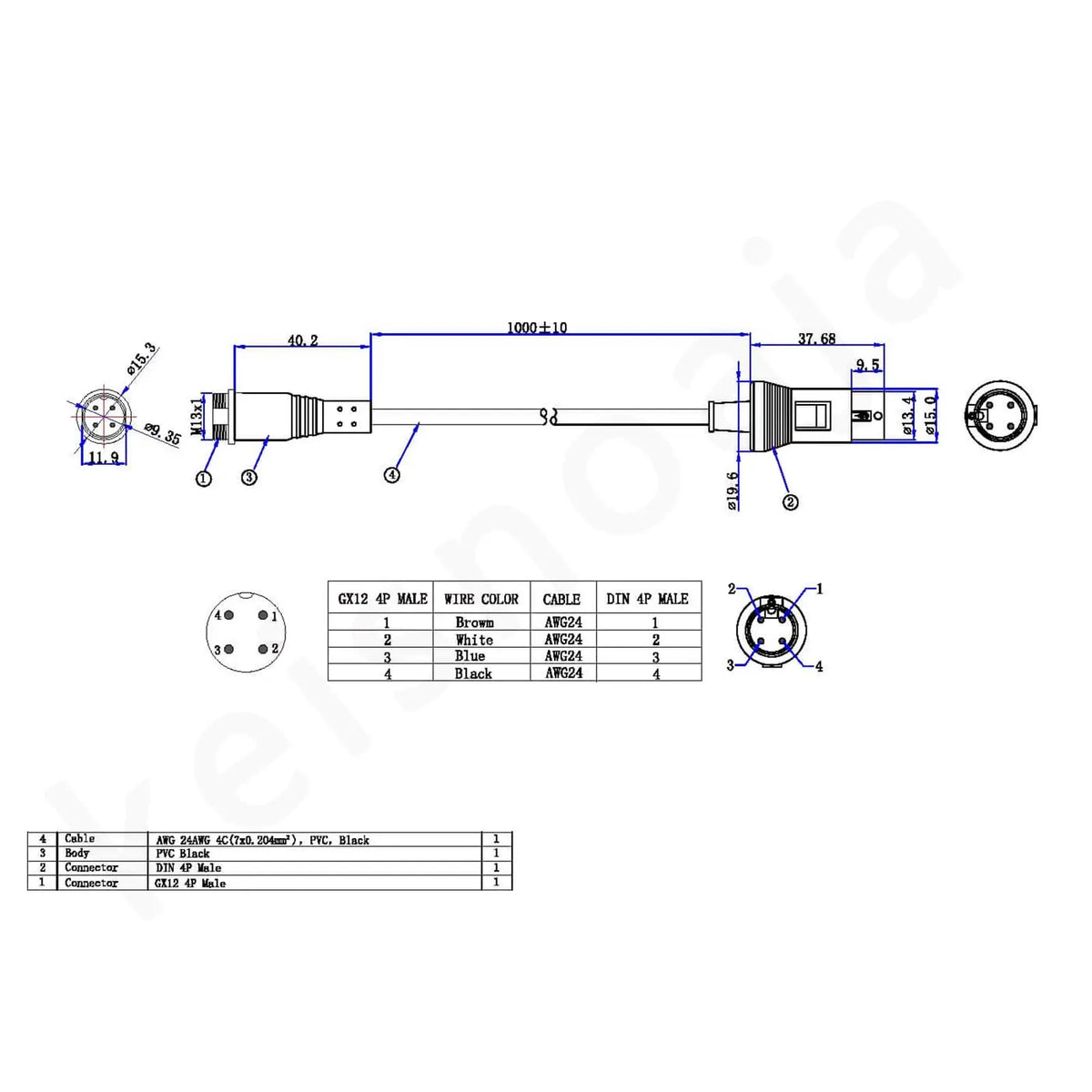 1M Aviation Electrical Cable GX12 to Mini Din Male Adapter 4 Pin Male to Male Cable Cordset for Aviation Equipment