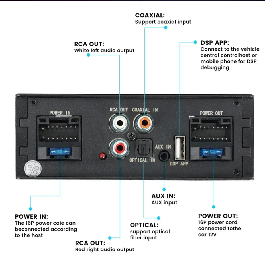 Car DSP Amplifier for Android Radio 16PIN Stereo HIFI Speakers Upgrade 4*50W Digital Audio Signal Processor BT APP EQ Adjustment