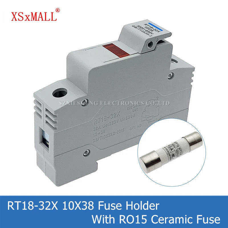 1Set RT18-32X AC 500V~690V 32A 1 Pole 10x38MM DIN Rail Mounting Fuse Holder Base With LCD LED Light & RO15 Ceramic Fuse 0.5A-32A