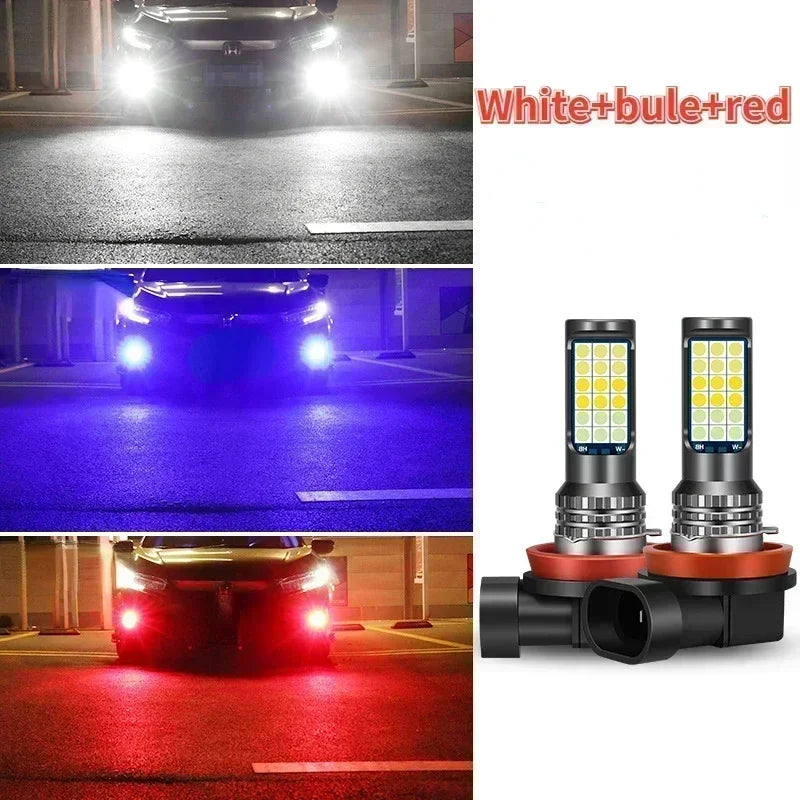 Car Led Fog Lamp with Flashing 3030 Three-Color Fog Lamp Bulb Red Green Pink Blue Super Bright H3 H8 H11 9006 9005 H7 Modified