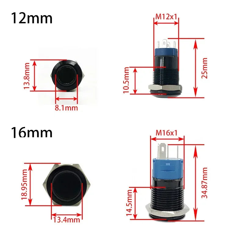 12/16/19/22mm Oxidized Black shell Push Button Switch Momentary Latching Fixed On Off Power Switch LED Light Various Colors