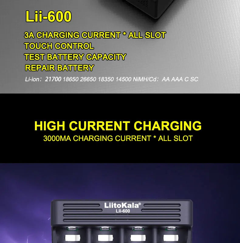 LiitoKala Lii-600 4 Bay LCD Smart Charger 3A Fast Charging 18650 21700 26650 26700 Li-ion NiMH AA AAA C Capacity Tester
