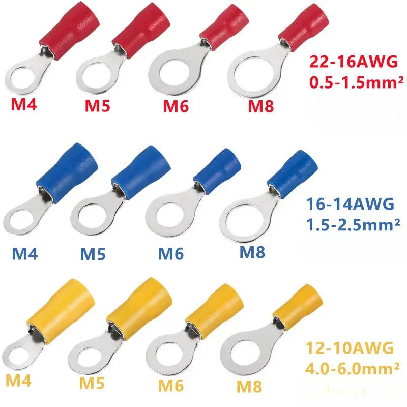 100PCS Ring Crimp Terminal M4/M5/M6/M8 Round Plugs Pre-insulated Ferrules Lugs For Splice Electricals Cable Wire End Connectors