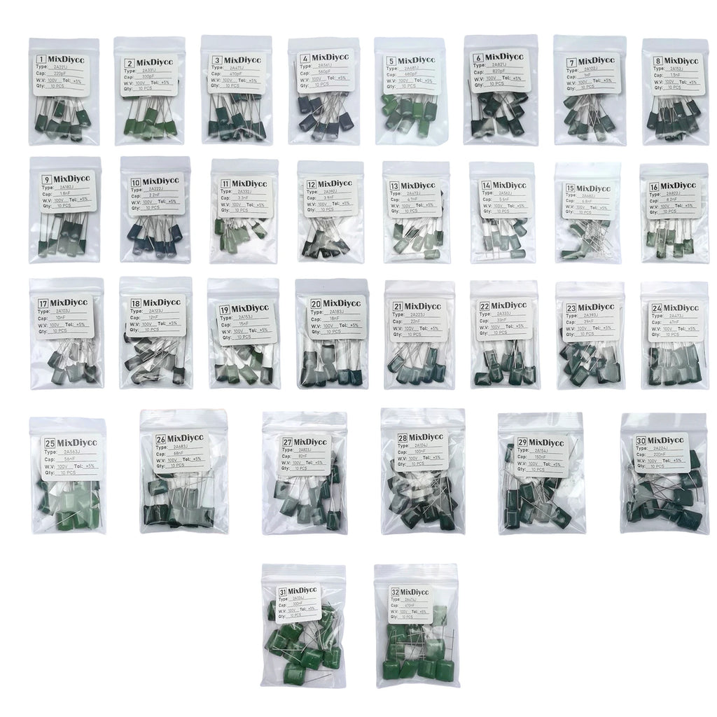 32 Values Polyester Film Capacitor Kit 100V 1/2.2/3.3/4.7/10/22/33/47/100/220/330/470 pF nF 2A 222J/472J/103J/104J/474J 320 Pcs