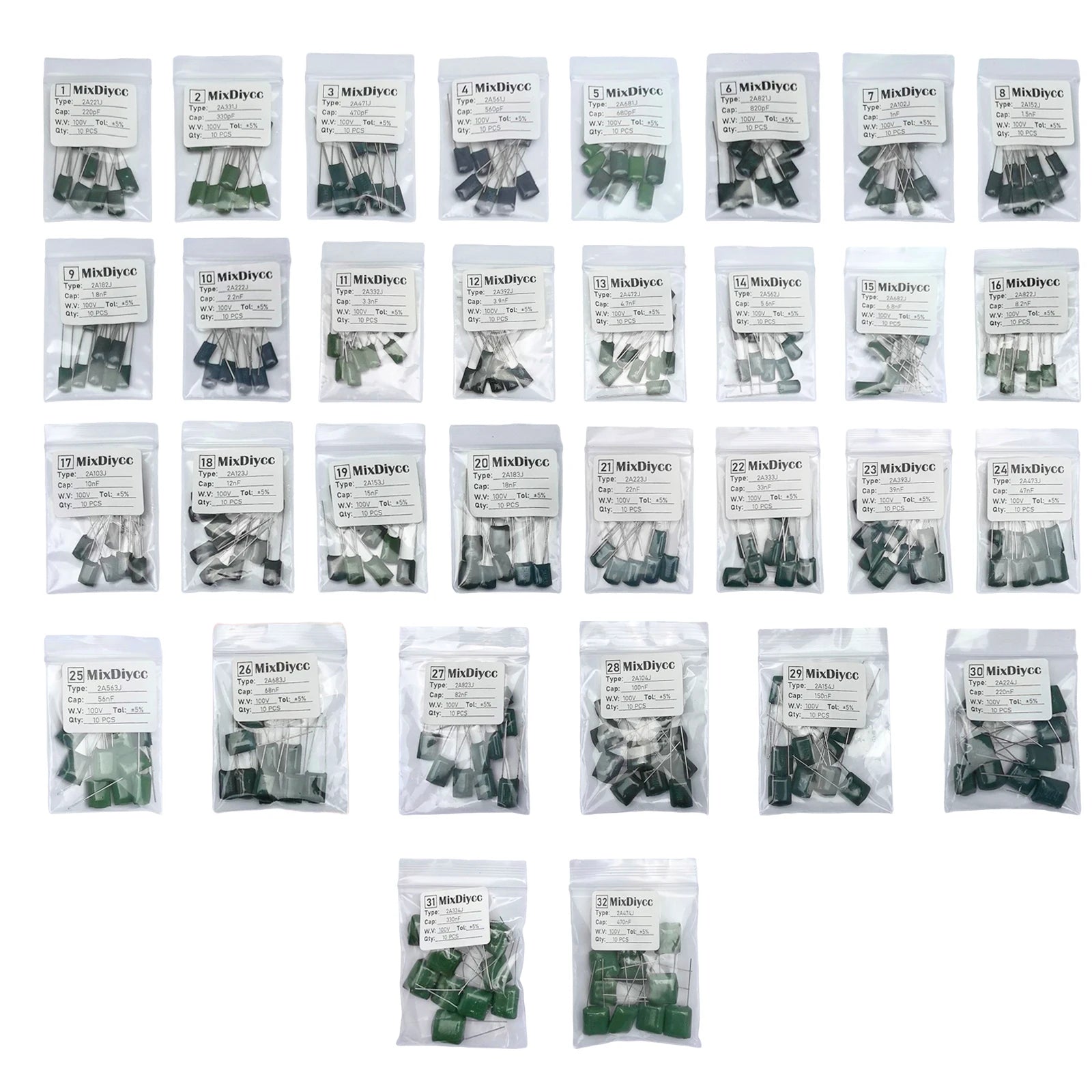32 Values Polyester Film Capacitor Kit 100V 1/2.2/3.3/4.7/10/22/33/47/100/220/330/470 pF nF 2A 222J/472J/103J/104J/474J 320 Pcs