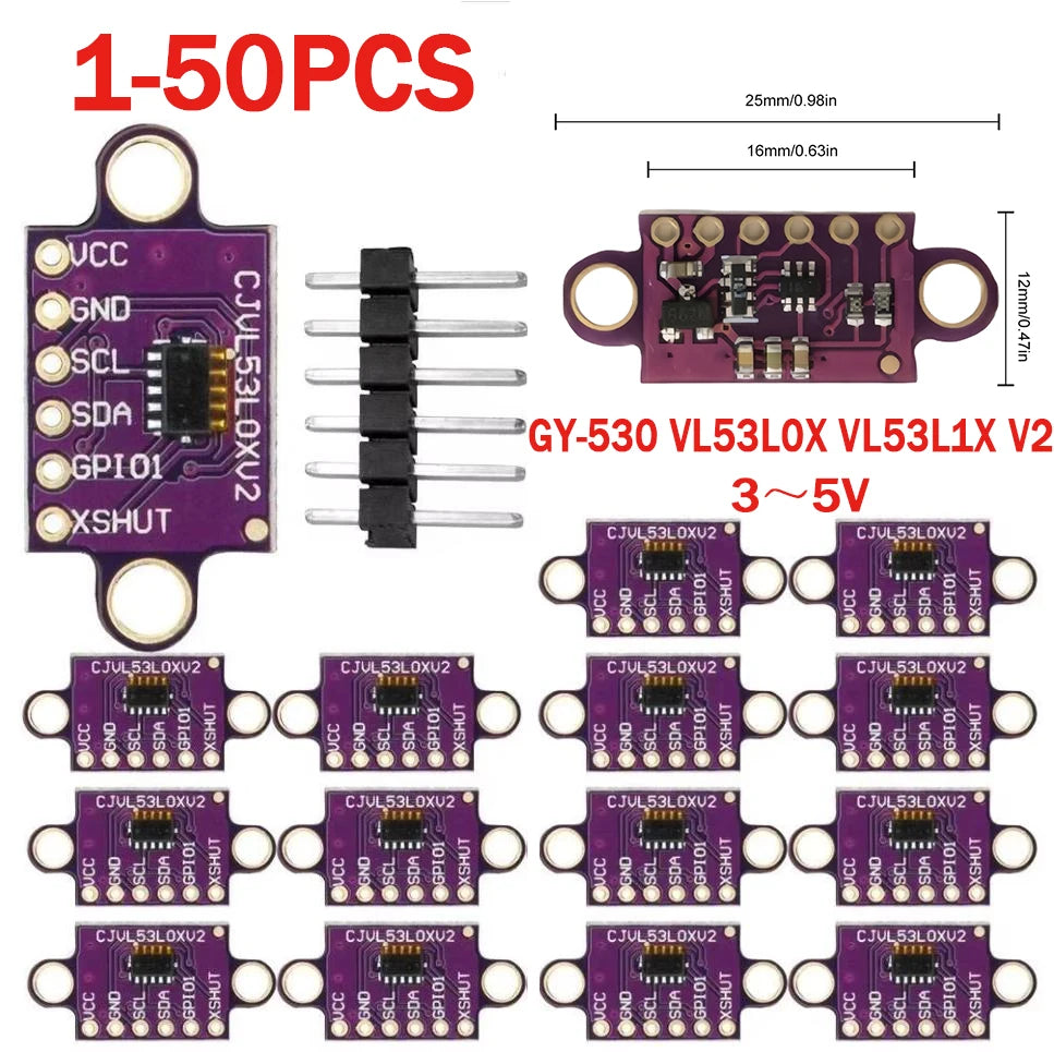 1-50PCS VL53L0X Time-of-Flight (ToF) Laser Ranging Sensor Breakout 940nm 3-5V GY-530 VL53L0X V2 Laser Distance Module IIC