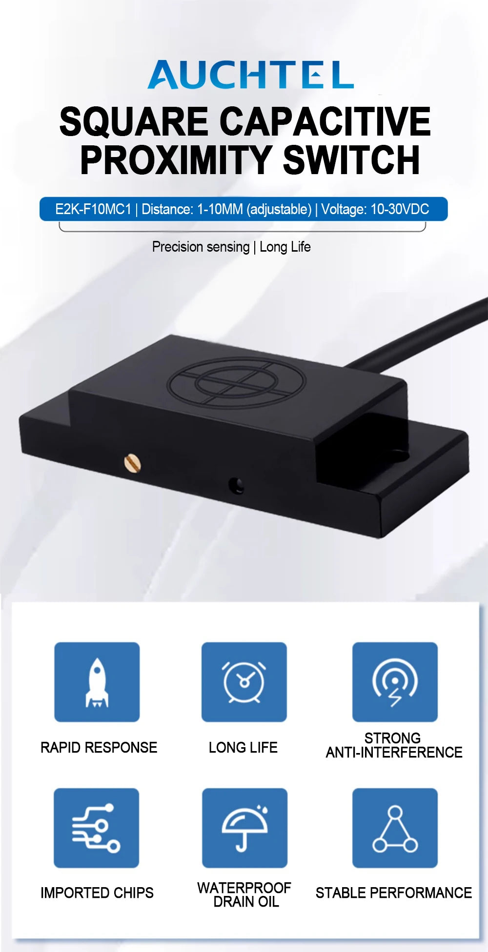 AUCHTEL Square Capacitive Proximity Switch Sensor E2K-F10MC1 Level Non-metallic Detection Sensor Three-wire NPN PNP