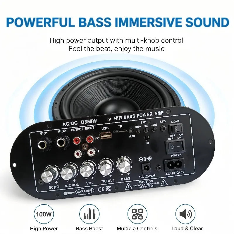 Woopker D350W HIFI Bass Power Amplifier 100W Bluetooth/USB/TF/FM Amplifier board Dual Mic AD/DC Digital Amplifier Board for home