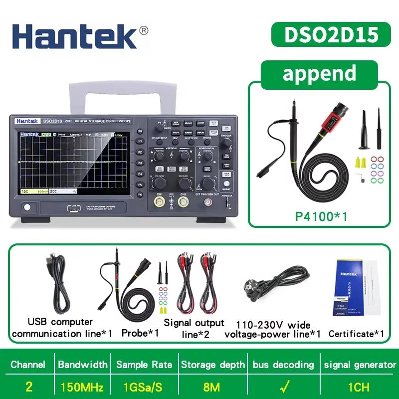 Hantek DSO2C10 DSO2C15 DSO2D10 DSO2D15 2CH Oscilloscope 100/150MHz 1GSa/s 8Mpts FFT UART I2C SPI CAN LIN 25MHz AWG D Models