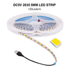 5V 2835 LED Strip Light 3mm 5mm 8mm PCB Width 120Leds/m Flexible LED Tape Ribbon Diode USB/2PIN Wire Led Lights for Room Decor