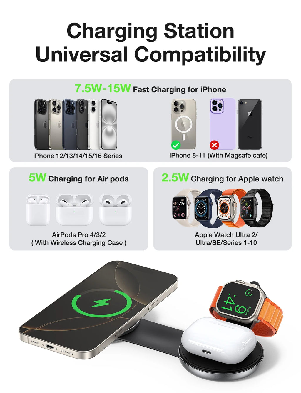 AUFU 3 in 1 Wireless Charging Station Fast Magnetic Foldable Travel Charger Station for iPhone 16 15 14 Pro Apple Watch Airpods