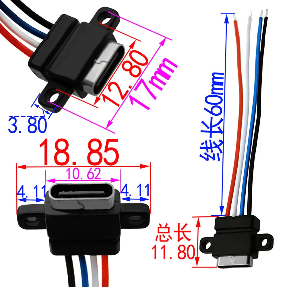 1pcs USB-C High Current Charging Socket With Rubber Ring 2Pin 4Pin Straight Ear Side Ear Type C Waterproof Female Connector Jack