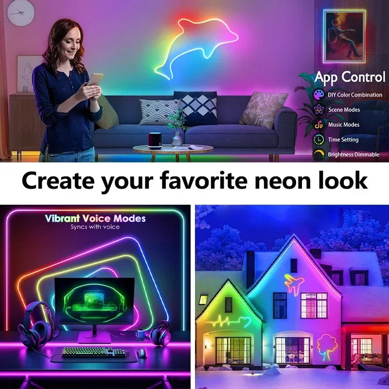 Smart Rgb Neon Led Strip Waterproof 24V Flex Neon Rope Light Plug 5 10M 15M 20M 30M Music Sync App Control Party Room Decor Tape