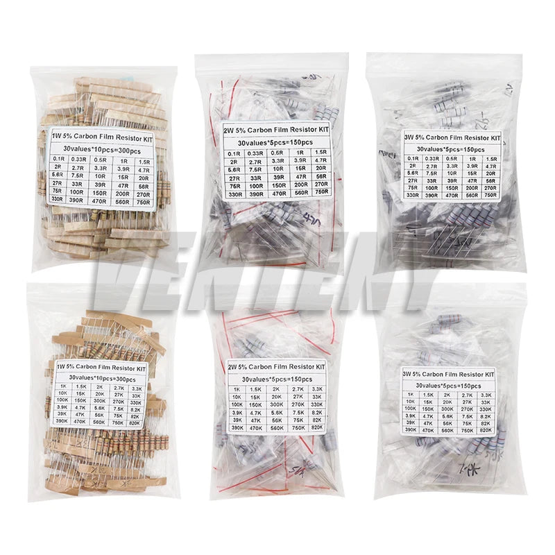150PCS/300PCS 1W 2W 3W 5W 30Values Carbon Film Resistor Assortment Kit 5% Resistance Set 0.1R-750R 1K-820K ohms DIY Pack