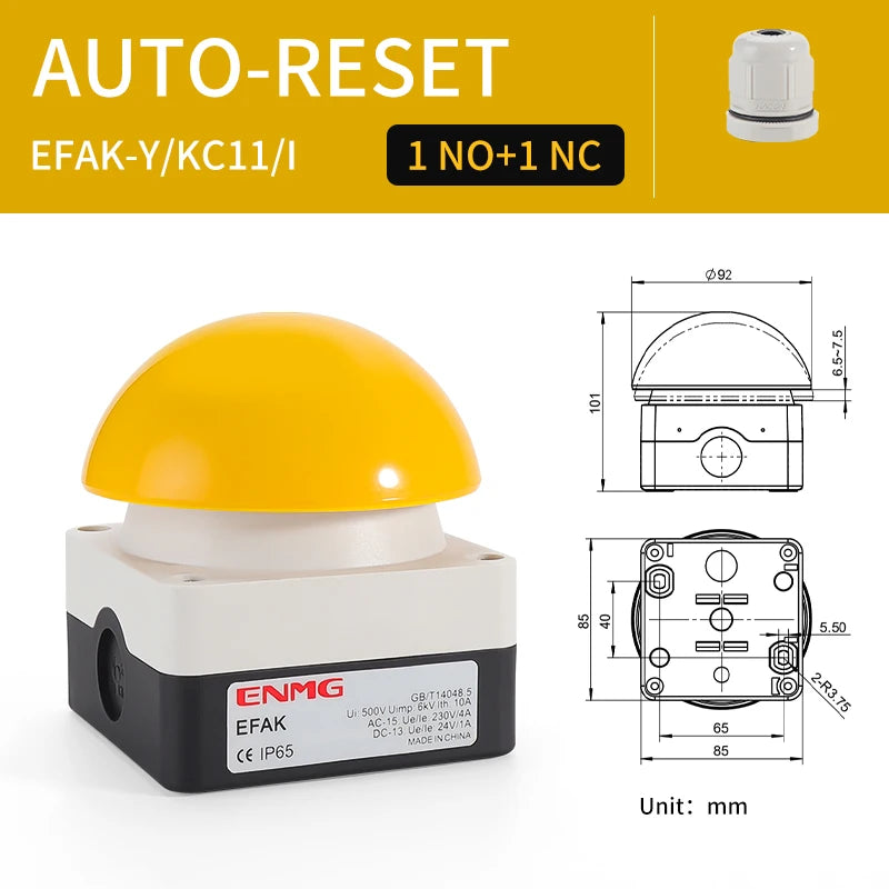IP65 Waterproof ENMG Emergency Stop Button Switch Mushroom Head Self-Locking/Resetting 1NO Foot/Hand Control for Industrial Safe