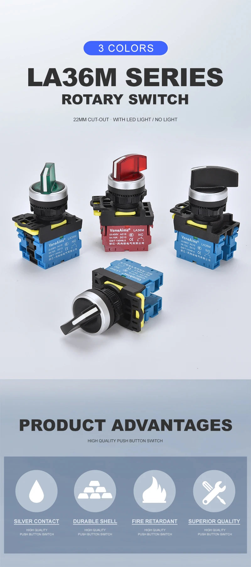 22mm LA36M Rotary Switch with LED Light 12V 24V 220V Knob Selector 2 position 3 Position Start Stop Switch On Off VaneAims