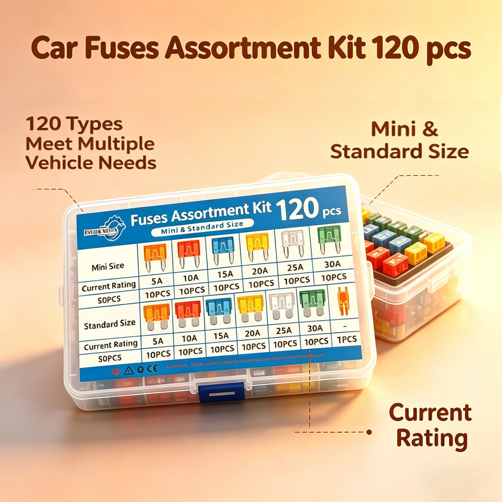 Car Blade Fuse Standard & Mini Assortment 5A 10A 15A 20A 25A 30A With Storage Box &Puller for Truck, Boat, RV, Motorcycle 120Pcs