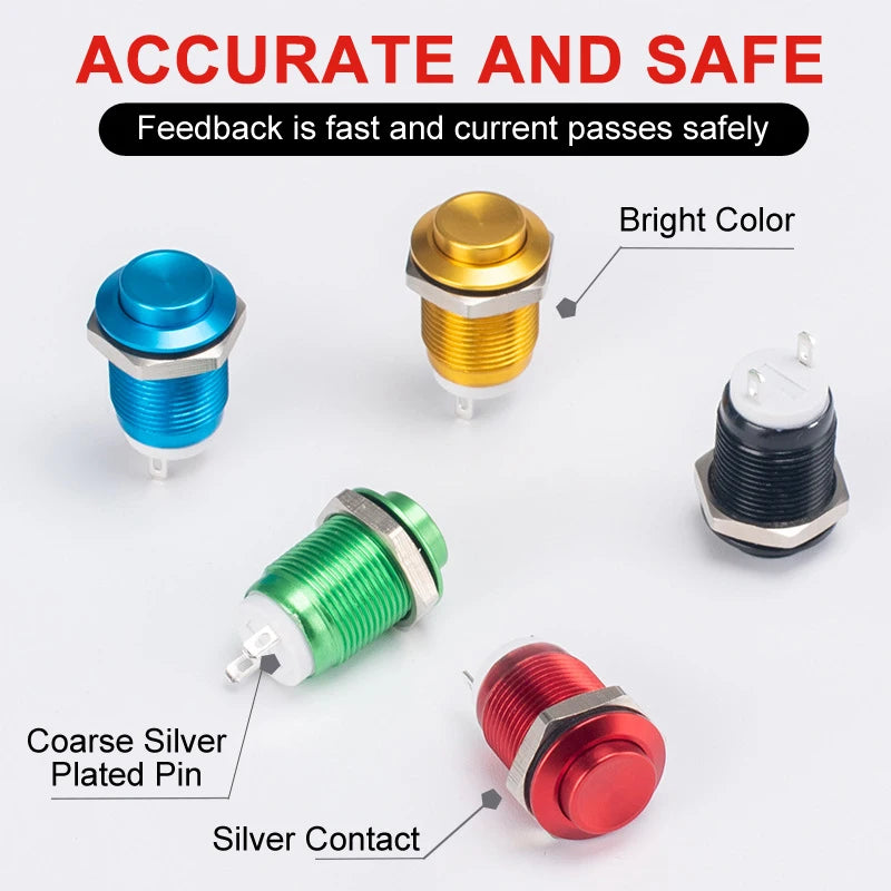 2pcs 12mm Metal Push Button Switch Oxidized Color Self Reset/Instant Reset Flat Head/Tall Head 2 Pin Waterproof Normally Open
