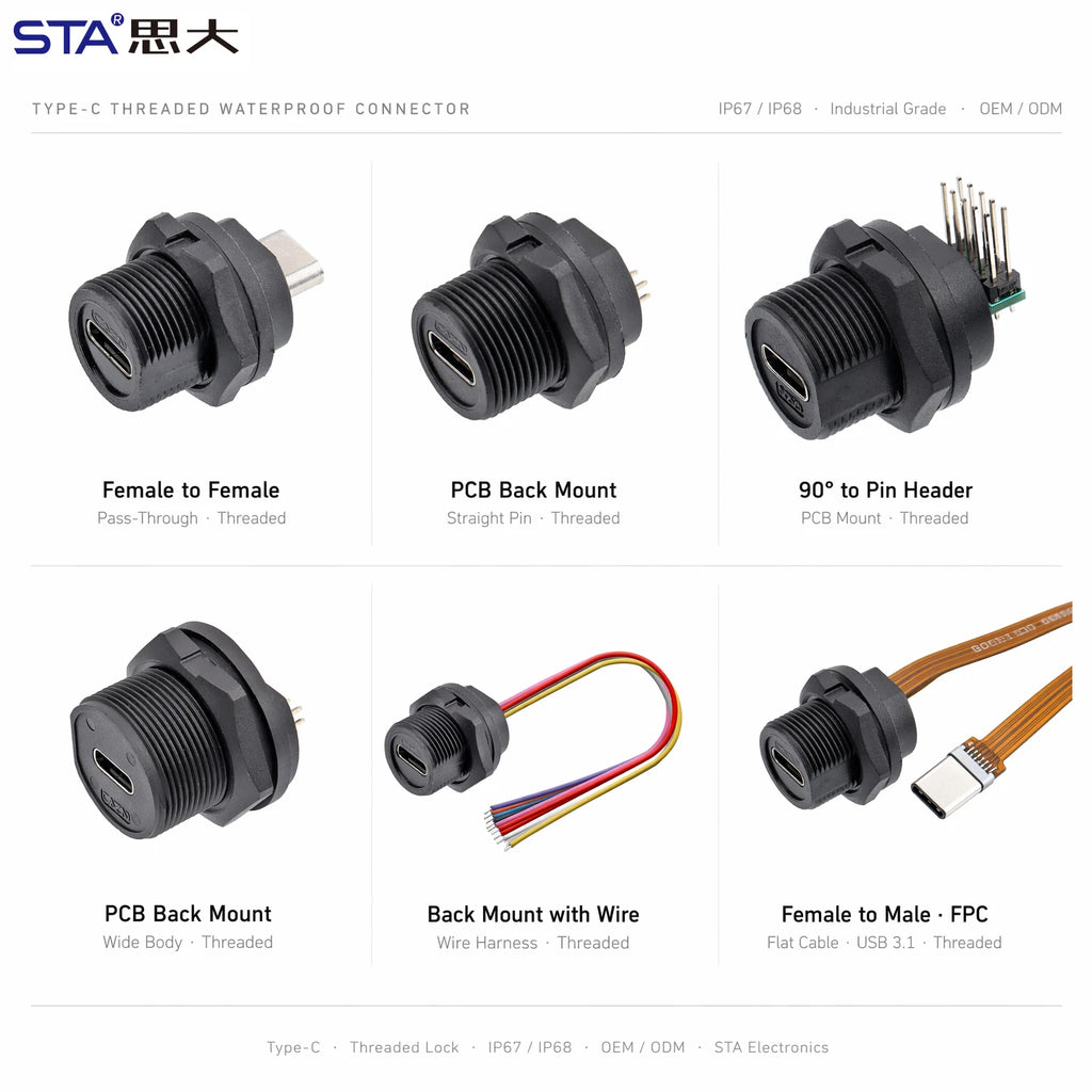 Type-C 3.0/3.1 IP67/IP68 Waterproof Connector Female to Female Adaptor PCB Panel Mount Socket to Male FPC Flat Extension Cable