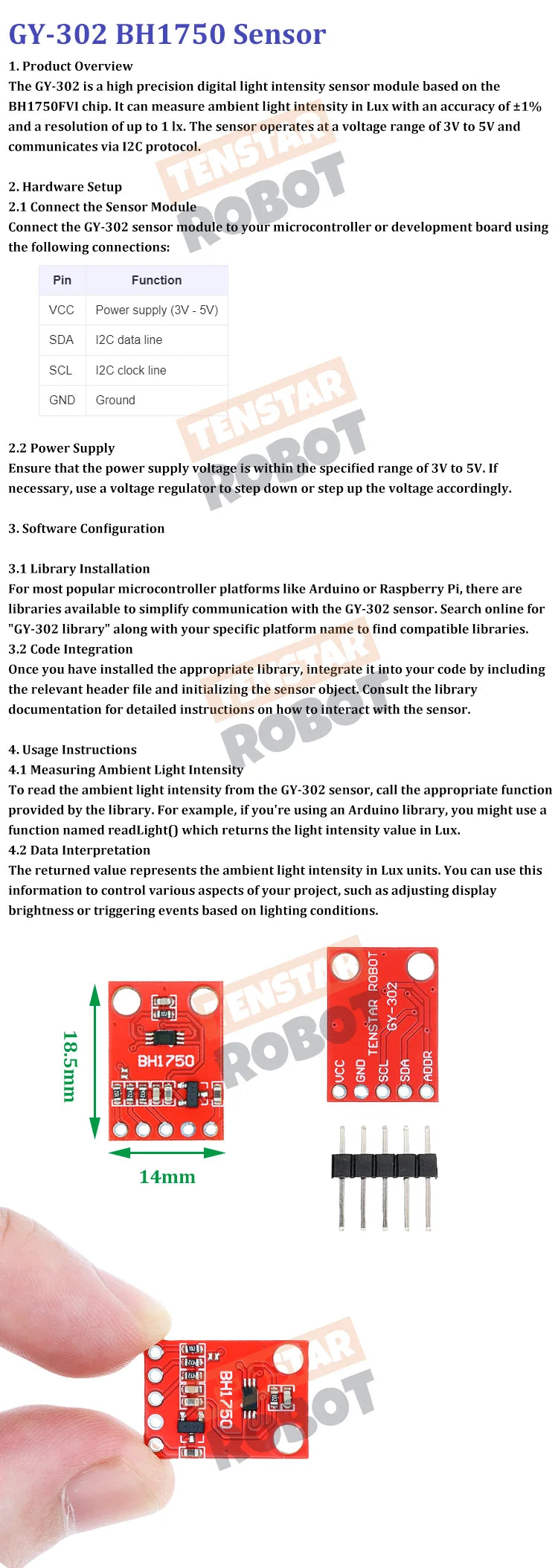 TENSTAR 2pcs GY-302 BH1750 Red Board Light Intensity Illumination Module Sensor BH1750FVI 3V-5V