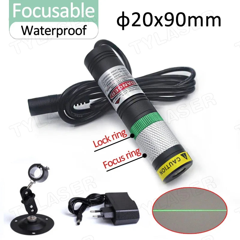 520nm Green Line Laser Module D20×90mm Waterproof Glass Len 10mW-135mW Focusable for Cutting Positioning