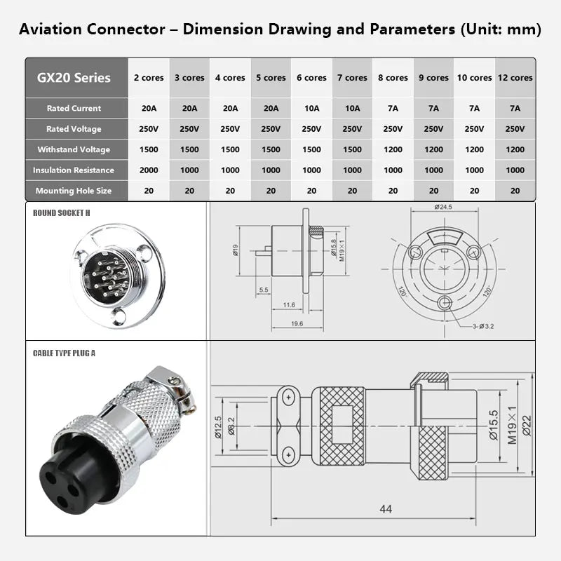 GX20 Flange Butting Type Aviation Plug &Socket 2/3/4/5/6/7/8/9/10/12 Pin Male&Femal Connectors Coppe