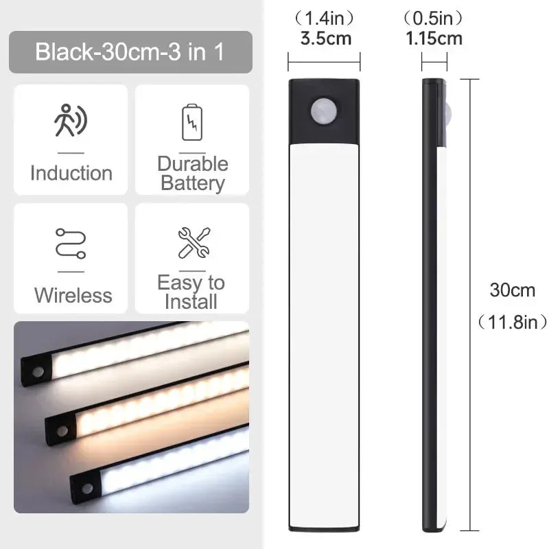 10-60cm USB Rechargeable Ultra-Thin Motion Sensor Light Magnetic Mount  3-Color Adjustment Under Cabinet Light for Home Office