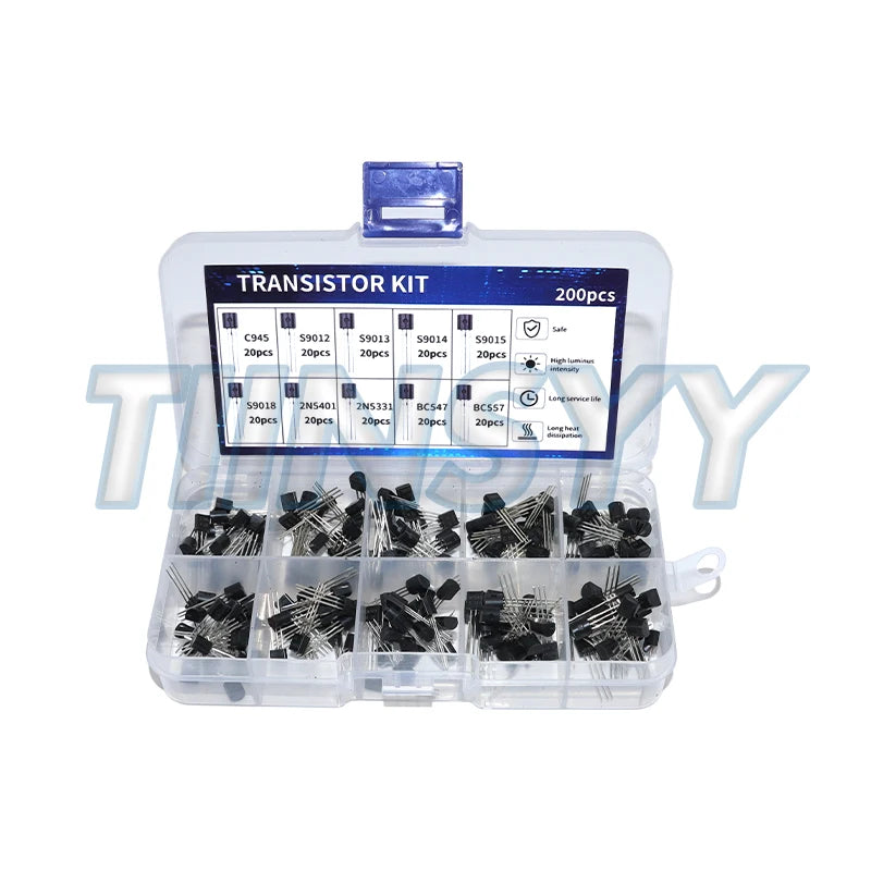 200pcs BJT Transistor Kit Bipolar Power Transistors A1015 BC327 BC337 C1815 S8050 S8850 2N2222 2N2907 2N3904 2N3906 PNP NPN