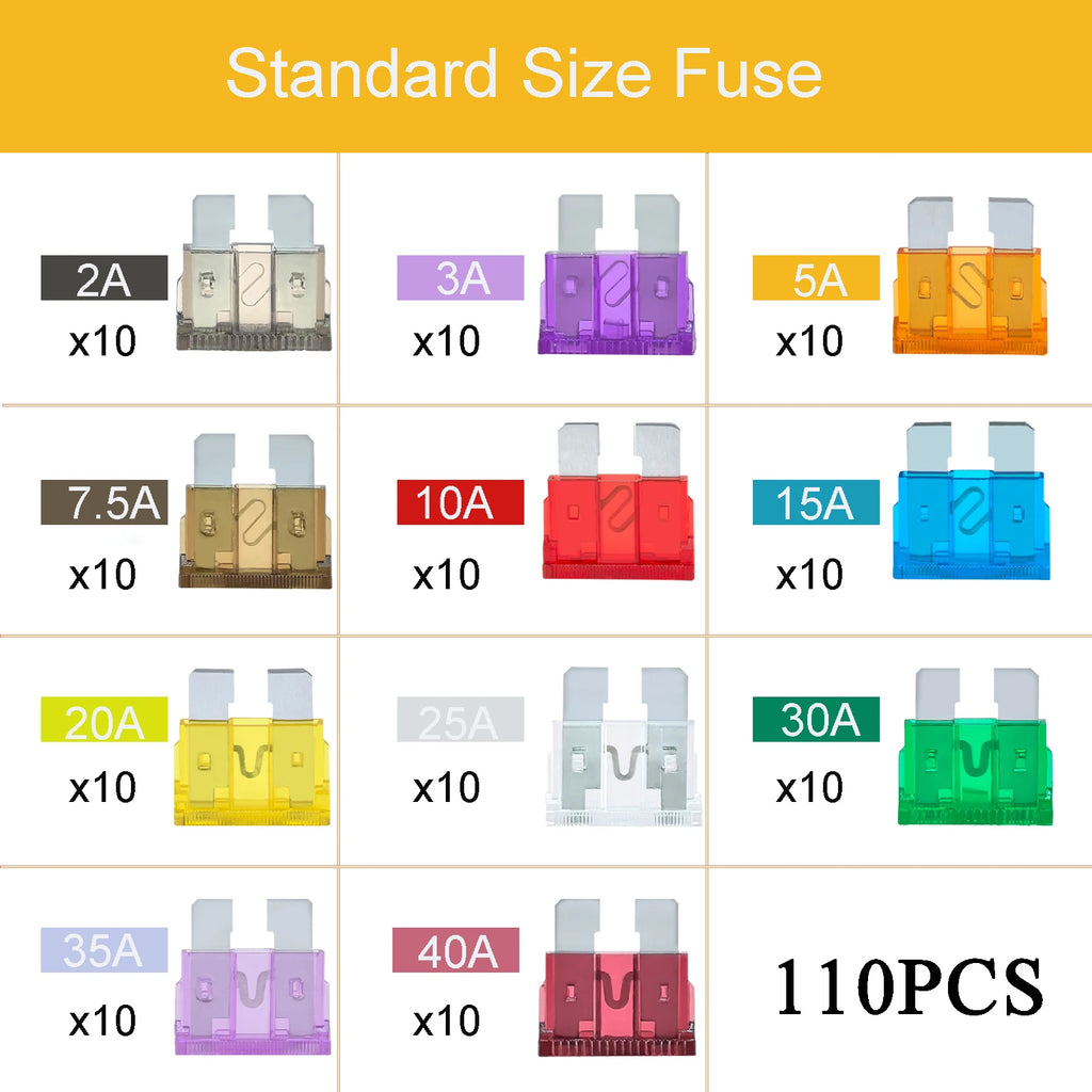 100Pcs Car Blade Fuses 3A 5A 10A 15A 20A 30A 40A Standard Auto Fuses ATO 12V 24V 32V Automotive Fuse