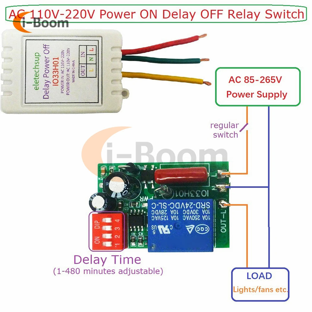AC 110V 220V Relay Switch Timer Adjustable Power On delay Off Relay controller 1-480Min timing controller 7A 10A Max Output