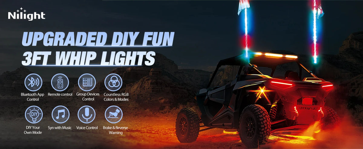 Nilight  3-6FT RGB LED Whip Light, Spiral Neon Flagpole Lights With Remote Control Color Changing Lights for ATV UTV Buggy 2PCS
