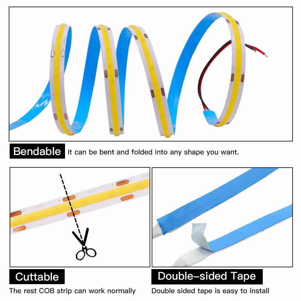High Quality 5M Cob Led Strip Cri90 Free Cutting 12V 24V 3mm 5mm 8mm Self-adhesive Led Strip Light