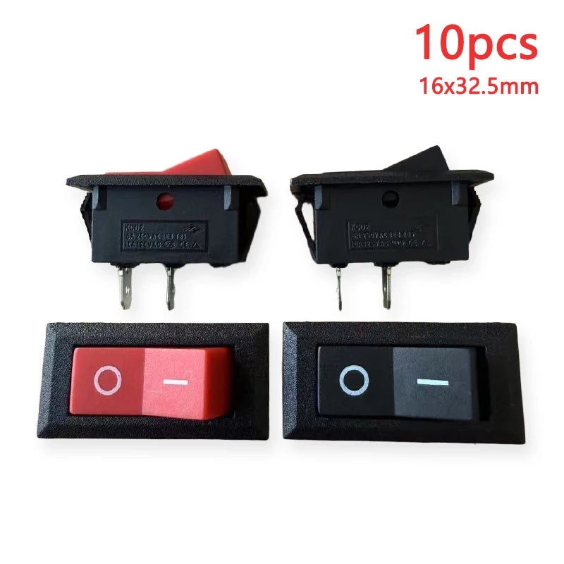 10PCS 16x32.5mm KCD2 Rocker Switch Hole 13.5x28.6mm Black/Red/Mixed 2-Pin 2-Gear 6A 250VAC/10A 125V AC Power Switch Accessories