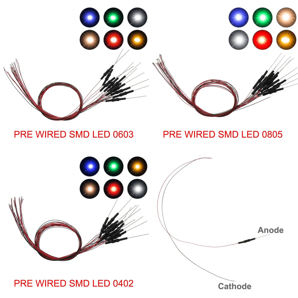 20pcs Pre-wired 20cm Long 30awg Wire SMD LED 0402 0603 0805 Lights Soldered Resistor for 12V White Red Blue Yellow Green