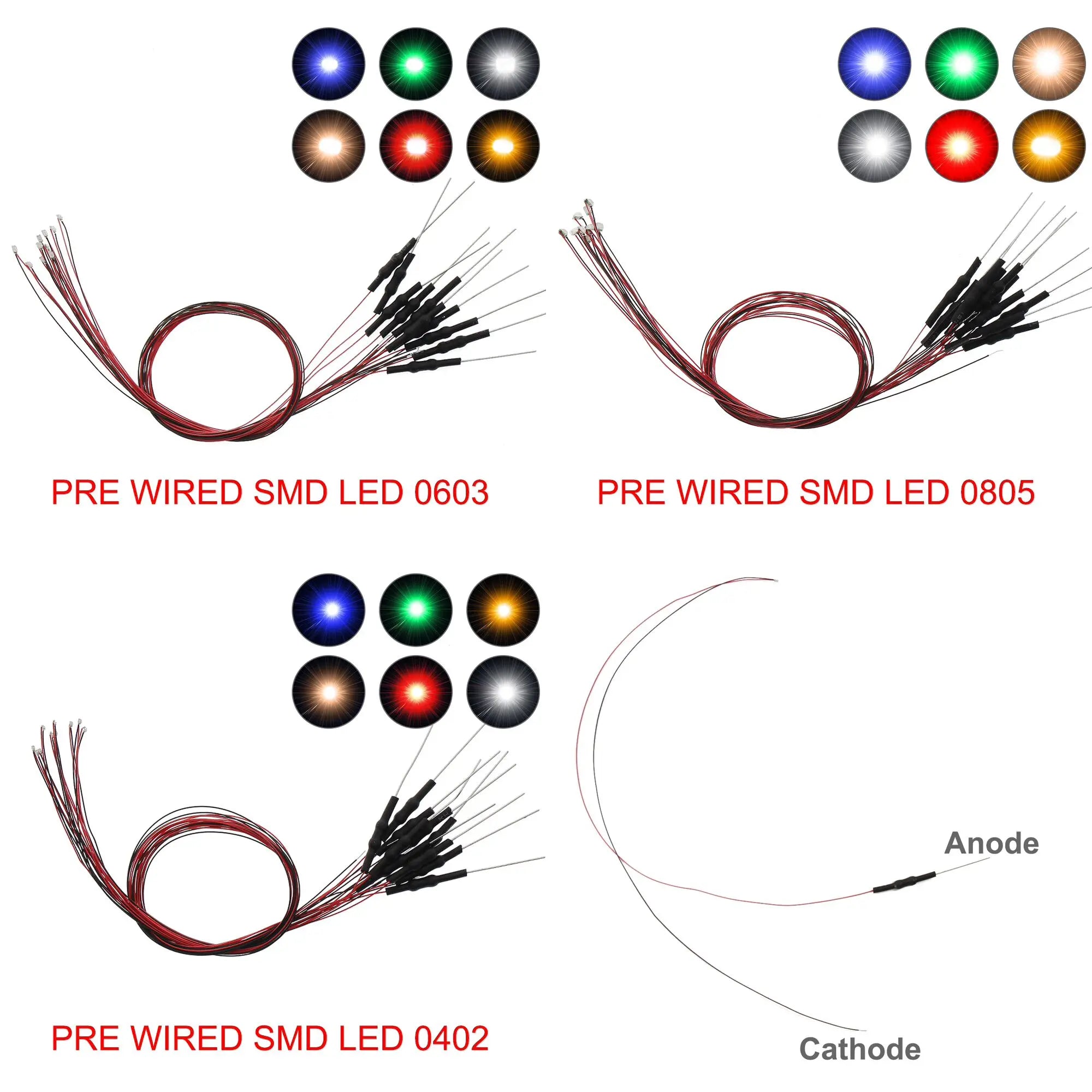 20pcs Pre-wired 20cm Long 30awg Wire SMD LED 0402 0603 0805 Lights Soldered Resistor for 12V White Red Blue Yellow Green