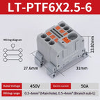 Push-in Terminal Block PTF6X2.5mm One in Multiple Out Splitter Spliceable Wire Connectors DIN Rail Junction Box Electrical Joint