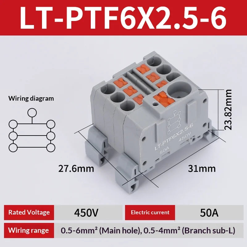 Push-in Terminal Block PTF6X2.5mm One in Multiple Out Splitter Spliceable Wire Connectors DIN Rail Junction Box Electrical Joint