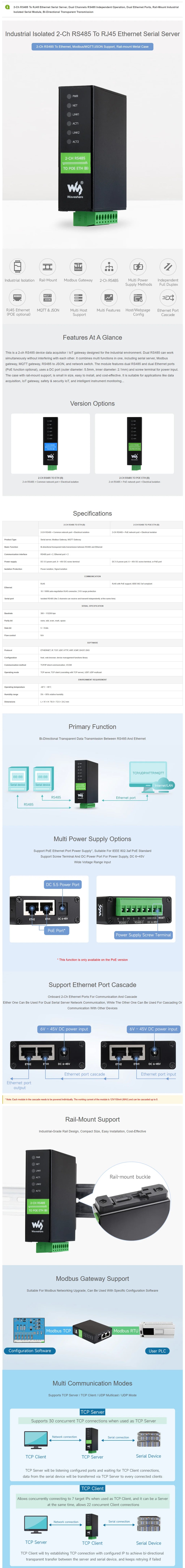 Waveshare 2-Ch RS485 To RJ45 Ethernet Serial Server, Dual Channels RS485 Independent Operation, Modbus gateway, MQTT gateway