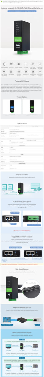 Waveshare 2-Ch RS485 To RJ45 Ethernet Serial Server, Dual Channels RS485 Independent Operation, Modbus gateway, MQTT gateway